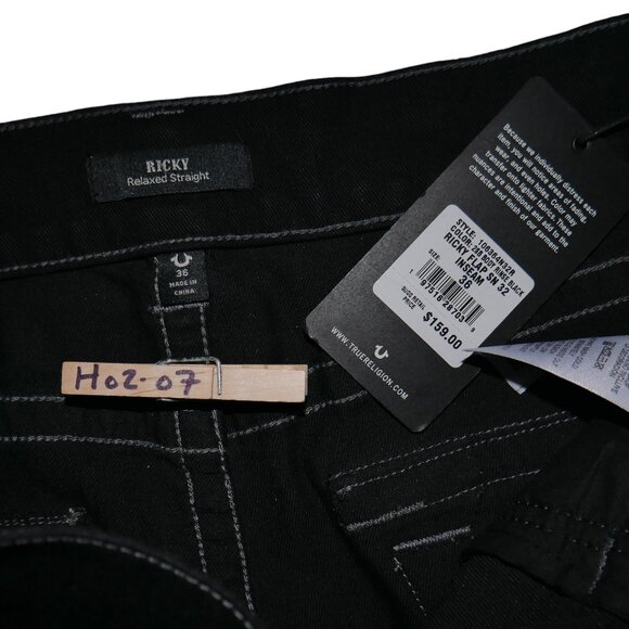 True Religion Ricky Straight Jeans Men's Size 36x32 Solid Black Flap Pockets NWT - Picture 6 of 14